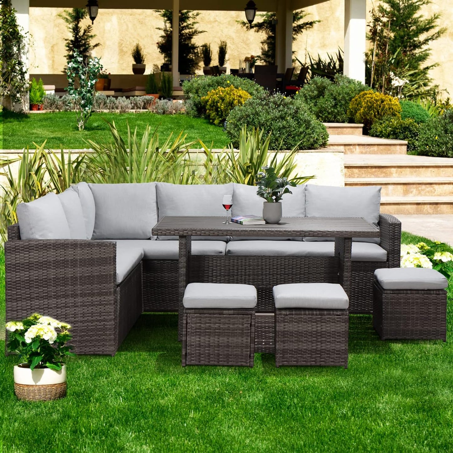 Outdoor Patio Furniture with Dining Table and Chair with Sofa Dust Cover